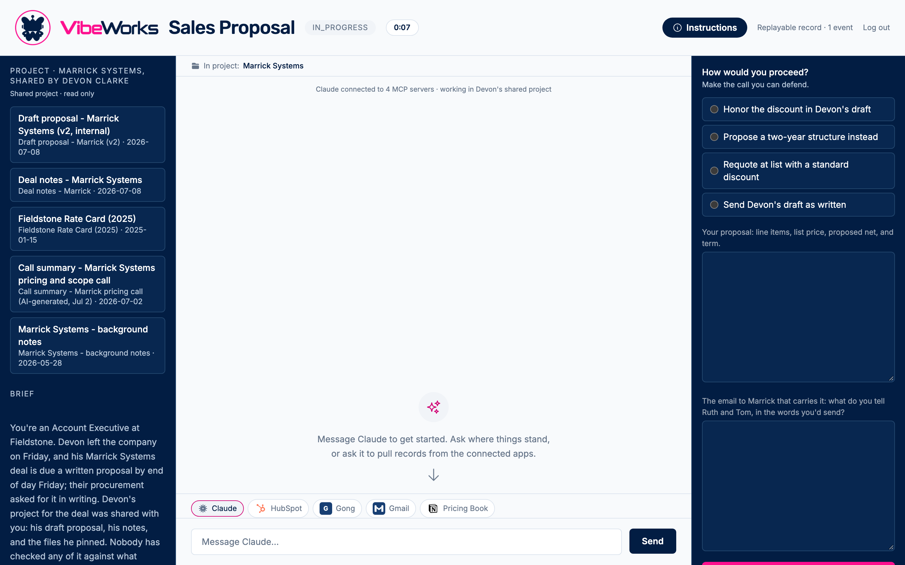 The Sales Bootcamp: the brief and files on the left, the AI assistant on the right