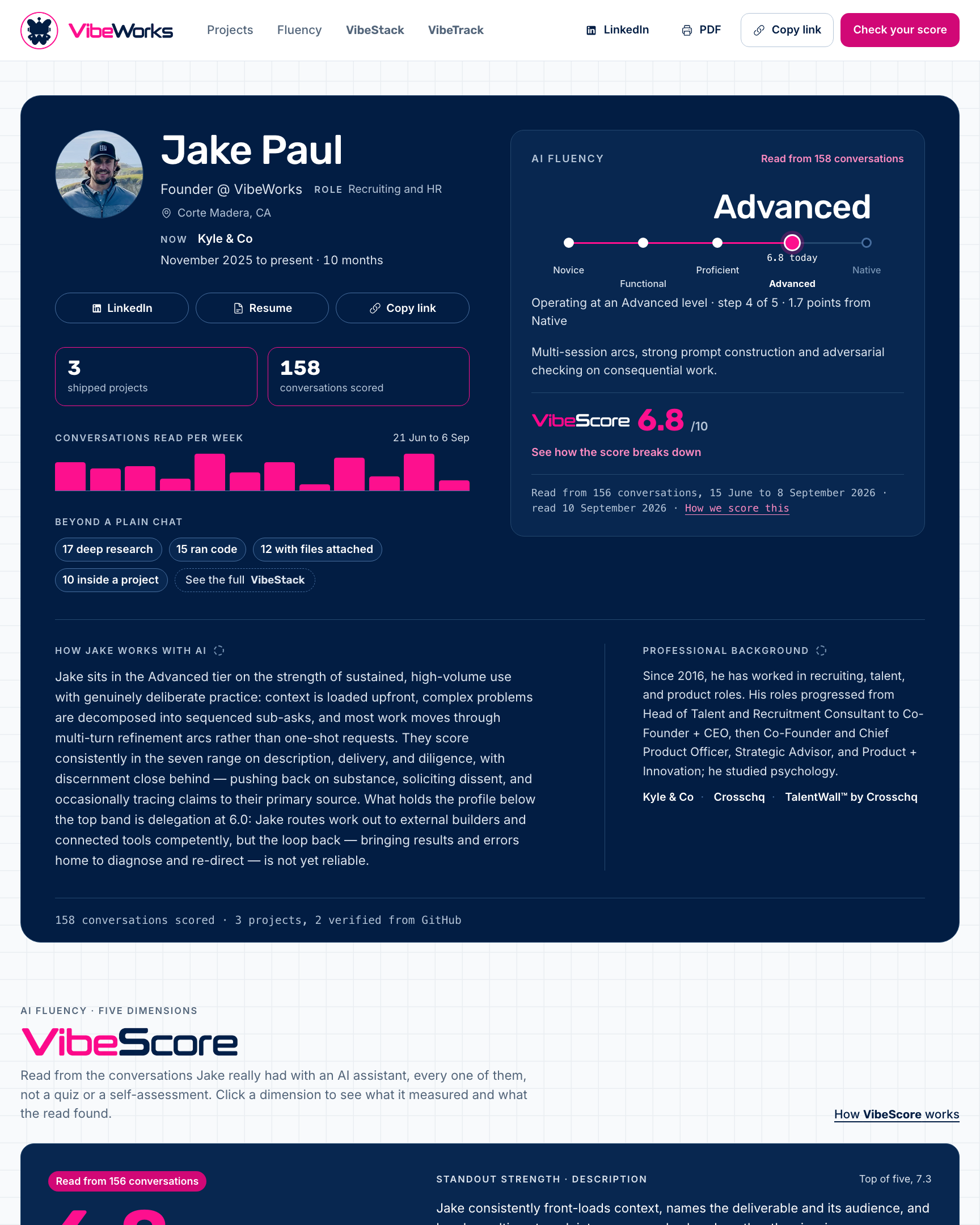 A live VibeWorks profile: score, band, dimensions, how they work with AI, and their tools