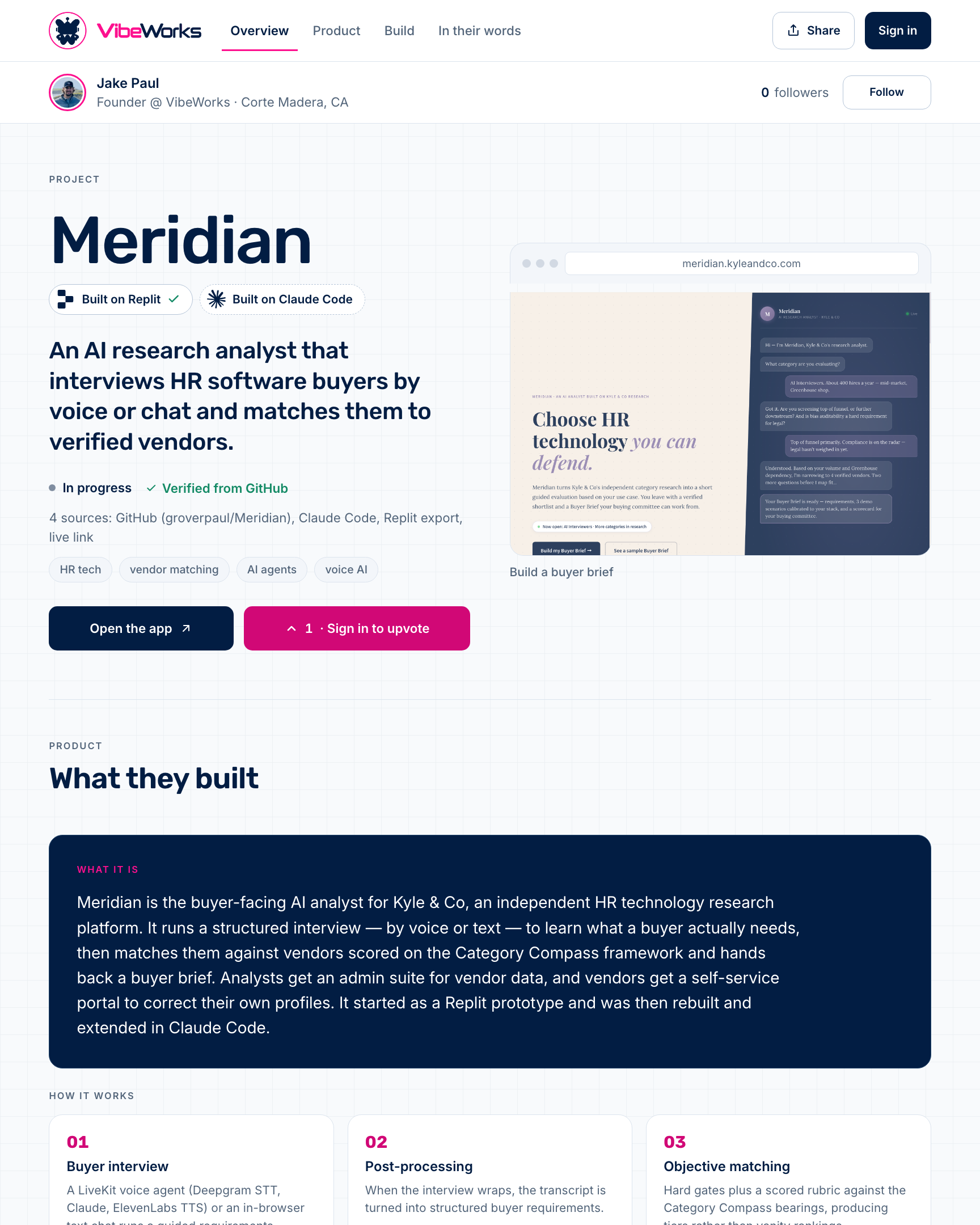 The Meridian project page: what it is, how the AI was driven, and the evidence behind it